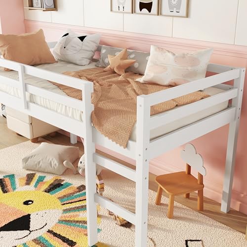 Twin Size Low Loft Bed with Ladder and Safety Guardrail, Solid Wood, White D5235