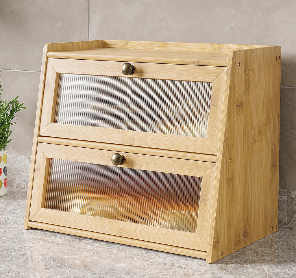 BALANBO Bread Box for Kitchen Counter, Double Layer Wooden Large Capacity Bamboo Bread Storage Container with Window Bread Holder (Natural Bamboo)