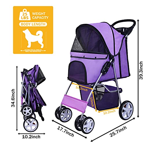 4 Wheel Pet Stroller for Small Dogs Cats, Folding Travel with Detachable Carrier R513