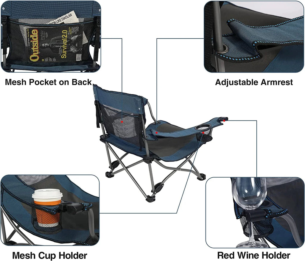 REDCAMP Low Beach Chair with Adjustable Backrest and Cup Holder, Portable Camping Chair, Navy Z4704