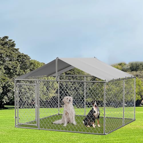 Outdoor Dog Kennel Pen with Roof, Galvanized Steel, 90 x 90 x 65 Inch Q219009