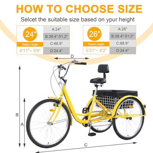Adult 3-Wheel Tricycle 24/26-Inch 7-Speed with Basket D757