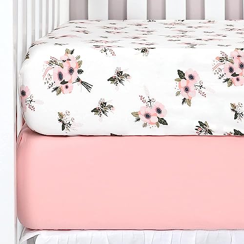 TILLYOU 2 Pack Fitted Crib Sheet Set - 100% Solid Standard Natural Cotton Toddler Bed Mattress Sheets,Standard 28”x 52”, White&Charcoal Gray