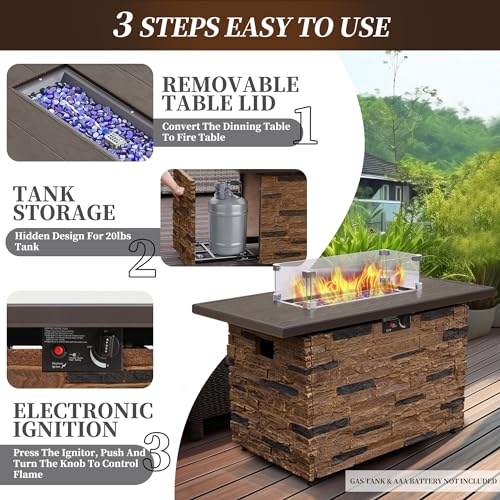 43" Propane Fire Pit Table Outdoor Rectangular Stone with Glass Wind Guard O259531