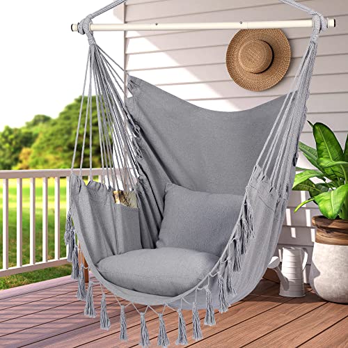 Y-STOP Hammock Chair Hanging Rope Swing with 2 Cushions, Beige I74503