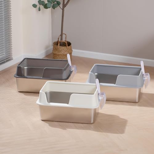 Stainless Steel Cat Litter Box with Scoop, High Sided Walls, White C360108