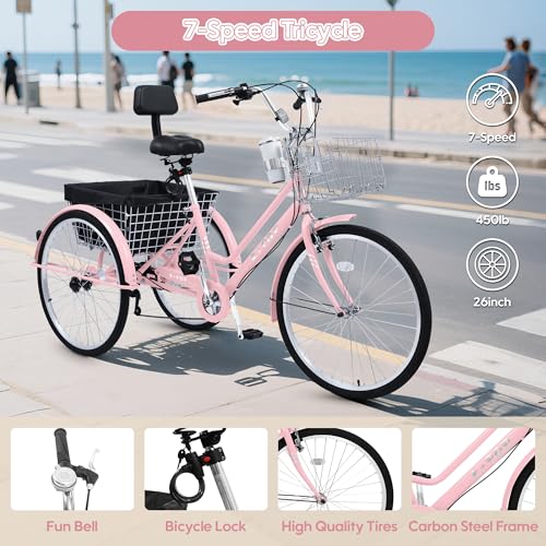 26 Inch 7 Speed Adult Tricycle, 3 Wheel Beach Cruiser Bike with Backrest and Baskets V183109