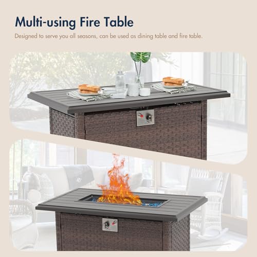 SUNSITT Outdoor Fire Pit Table 43 Inch Wicker Propane with Aluminum Tabletop, Taupe F2263