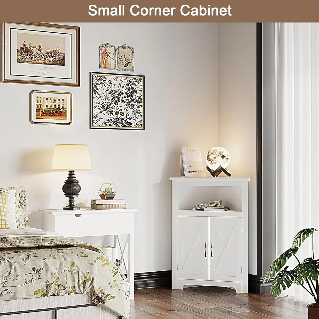 YINCHEN Corner Storage Cabinet with Barn Door and Adjustable Shelf, White P514