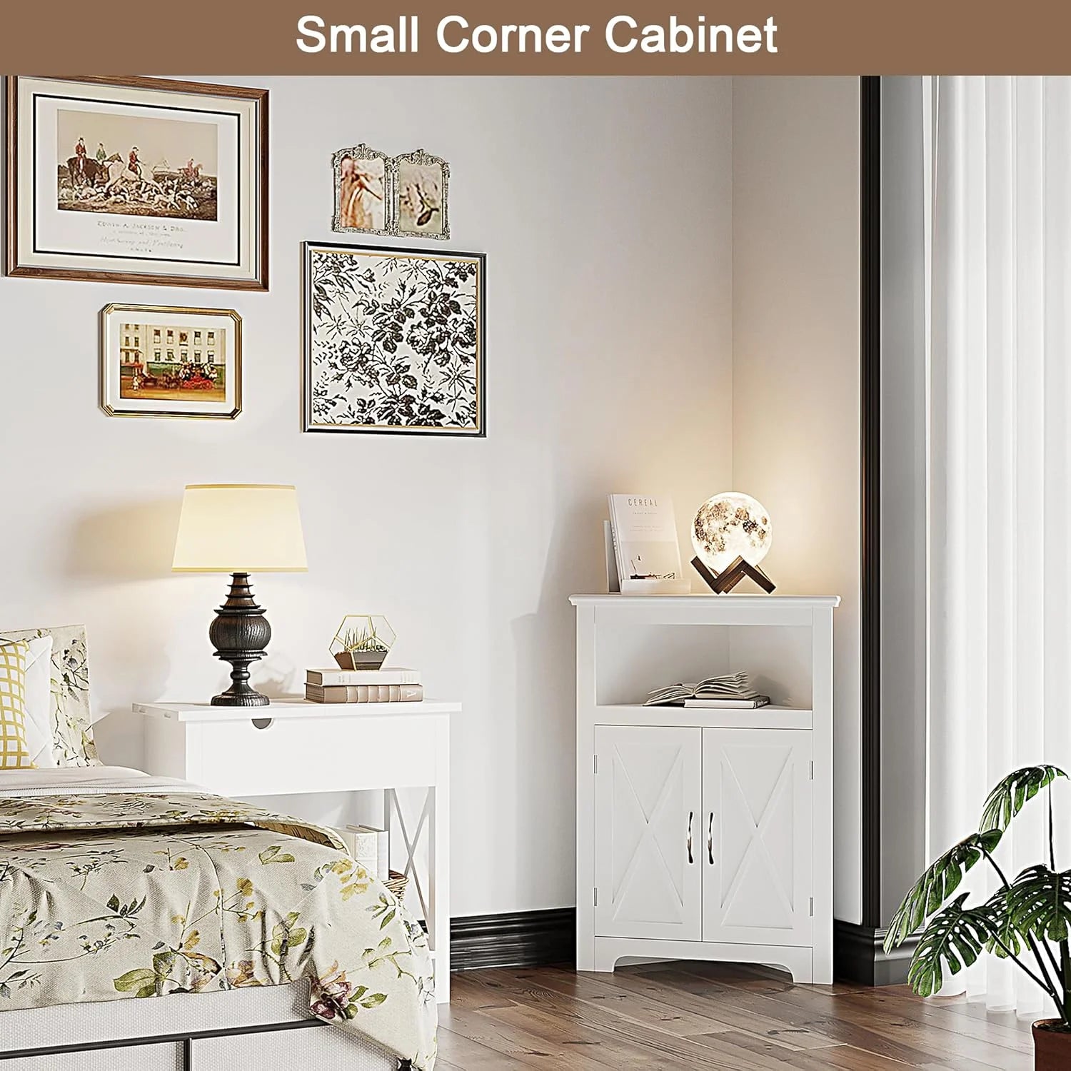 YINCHEN Corner Storage Cabinet with Barn Door and Adjustable Shelf, White P514