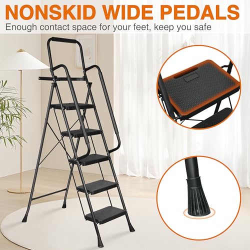 3 Step Ladder, Portable Steel Folding Stool with Anti-Slip Pedal, Black T5115