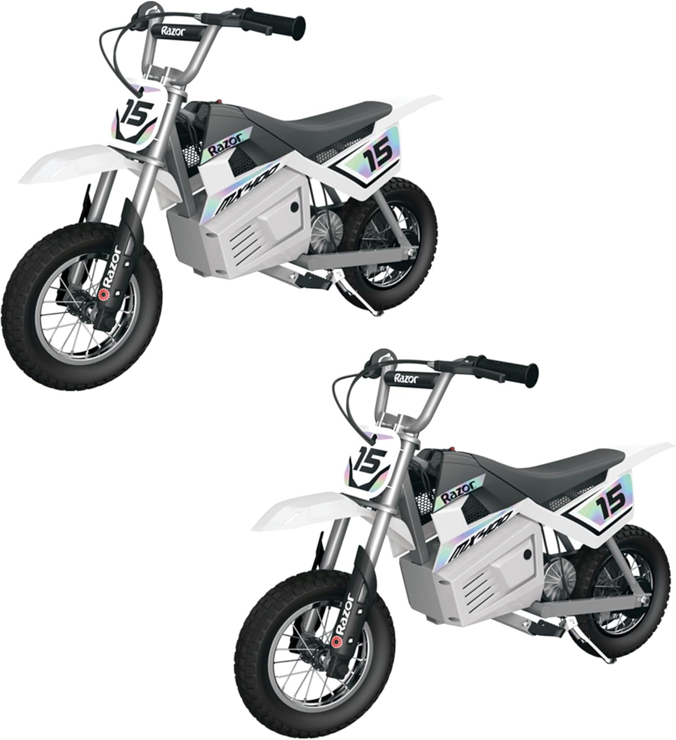 Razor Dirt Rocket 24 Volt Electric Toy Motocross MX400 Dirt Bike with Hand-Operated Brakes and Retractable Kickstand, White (2 Pack)