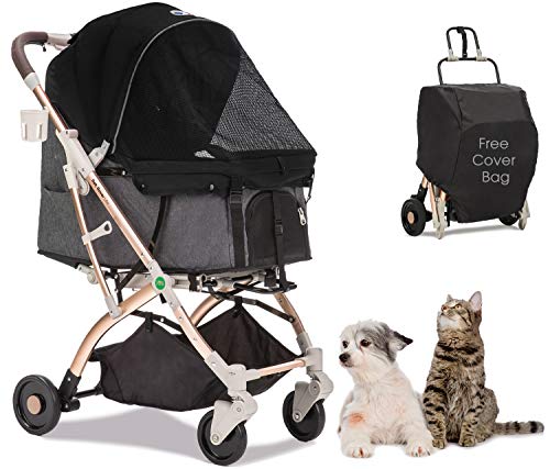 Pet Rover Lite Premium Light-Weight Dog/Cat/Pet Stroller Travel Carriage with Convertible Compartment/Aluminum Frame for Small & Medium Pets (Taupe 2nd-Gen.)