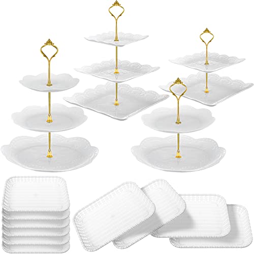 14 Pieces Tiered Cupcake Stand Set Gold 2-Tier 3-Tier Serving Stand Tower Tray with Round Rectangle Food Serving Trays Long Slim Dessert Stand for Party Baby Shower Wedding (White Hollow Out Style)