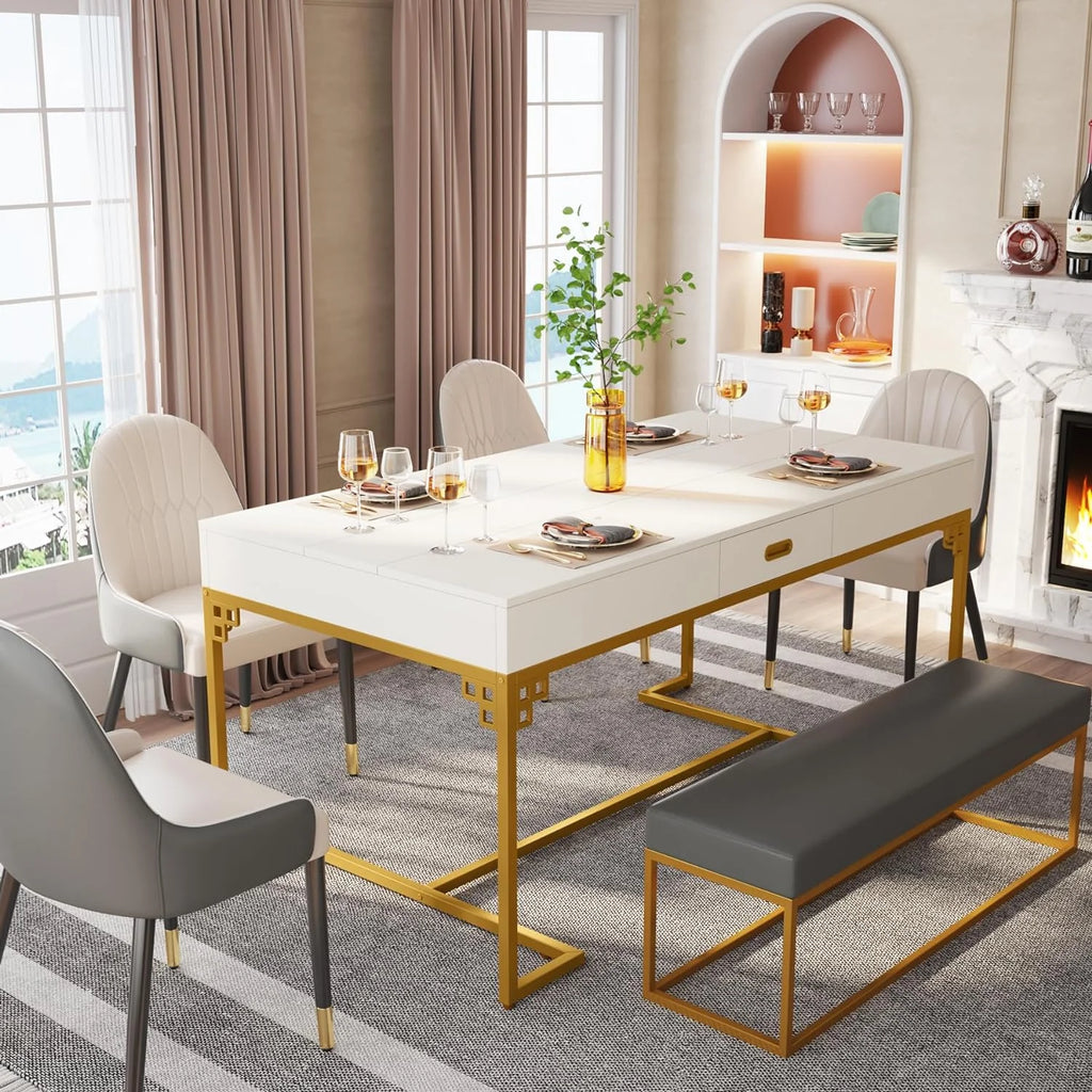 RUNFAYBIU 63 Inch Rectangular Dining Table with 2 Drawers, White & Gold I877577