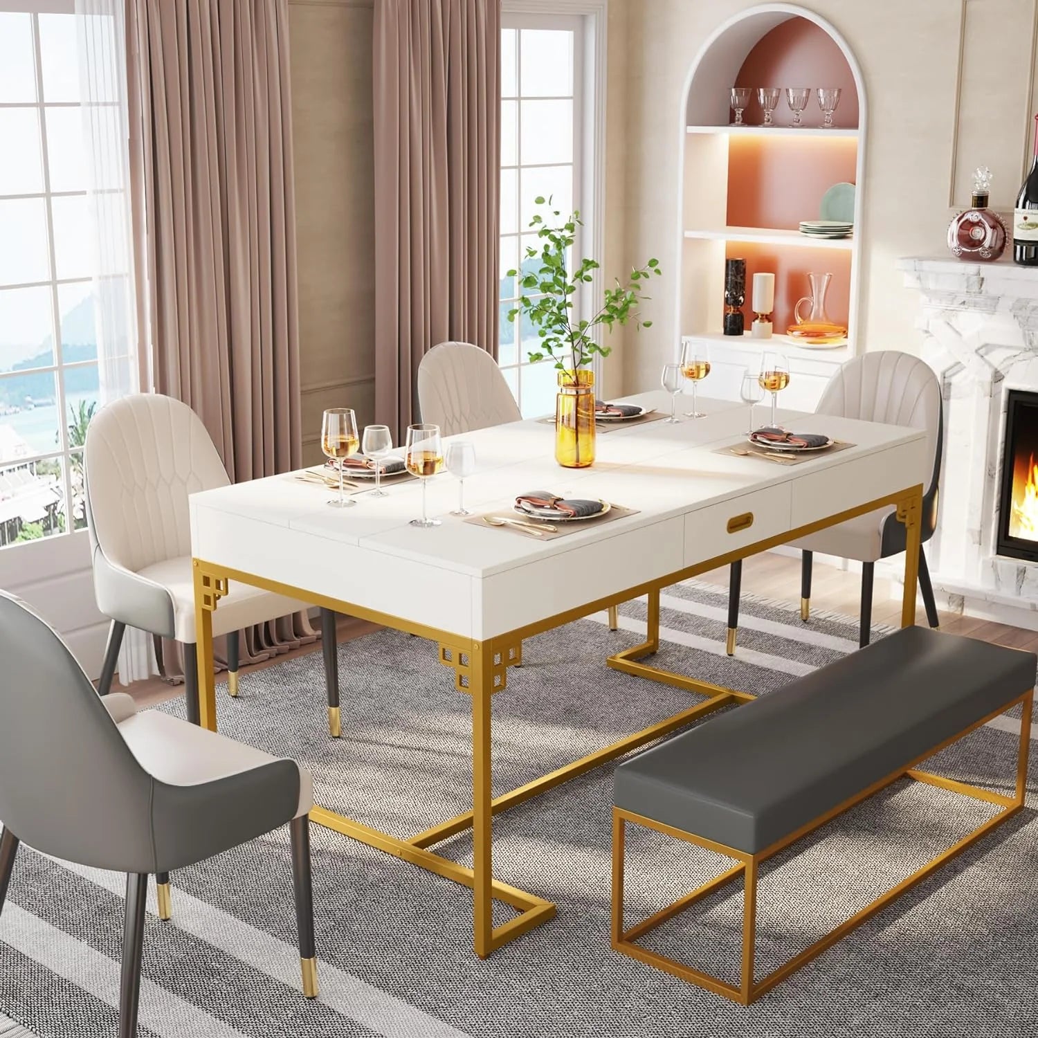 RUNFAYBIU 63 Inch Rectangular Dining Table with 2 Drawers, White & Gold I877577