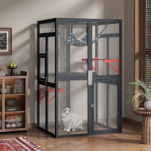 Wooden Catio Outdoor Cat Enclosure with Window Access (Black) D5959