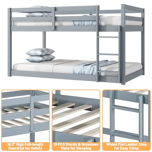 Twin Over Twin Wood Bunk Bed with Ladder and Guardrails for Kids P604