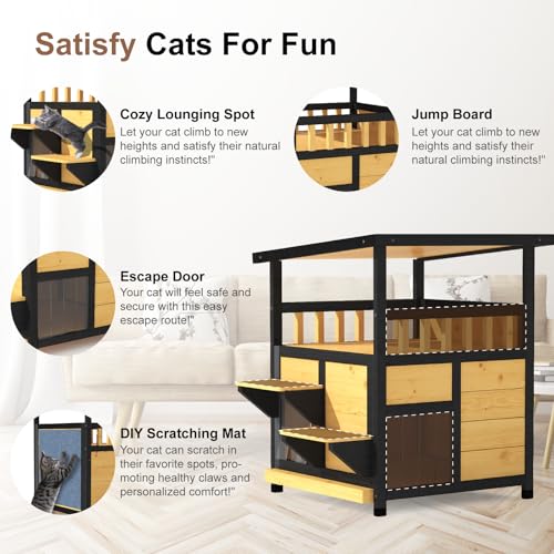 Outdoor Cat House Weatherproof Two Story Feral Cat Shelter with Escape Door G358954