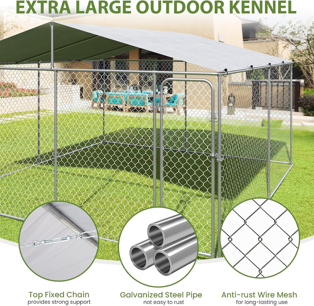 Extra Large Outdoor Dog Kennel with Roof, Heavy Duty Dog Run Fence Y803216
