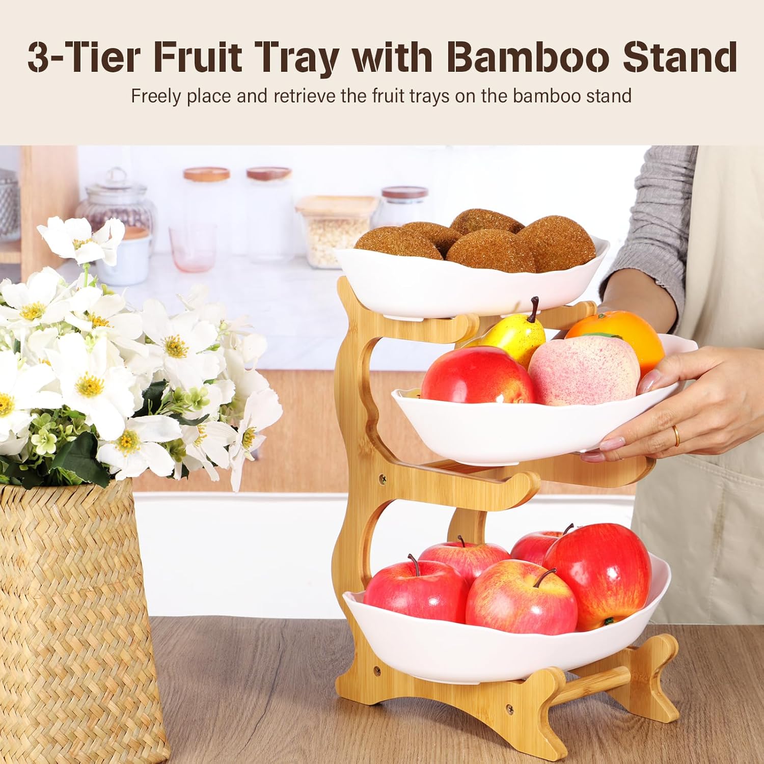 3 Tier Plastic Fruit Basket with Bamboo Stand L31525