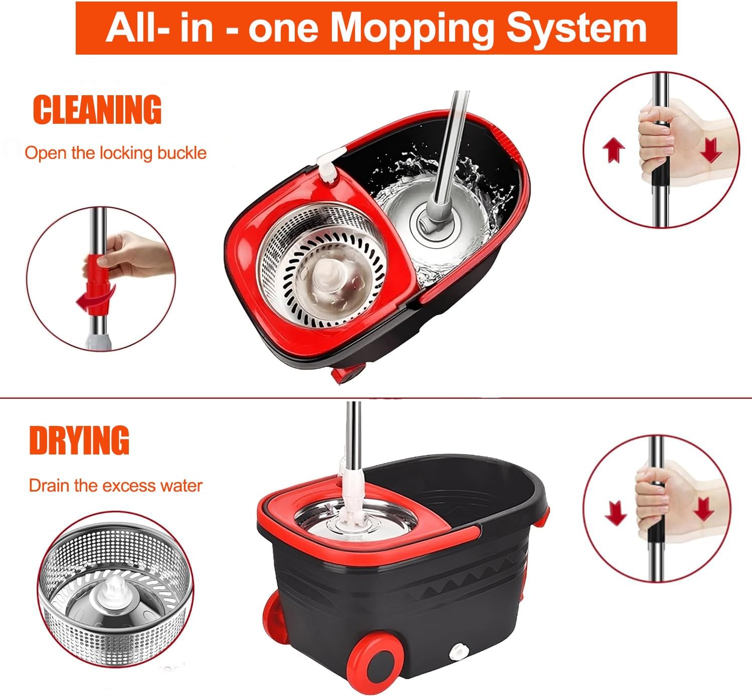 Spin Mop and Bucket with Wringer Set, 360° Rotating, 3 Microfiber Mops Y1467