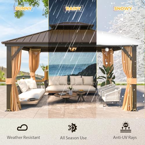 YOLENY 10' x 12' Hardtop Gazebo with Galvanized Steel Double Roof, Netting and Curtains Y84317