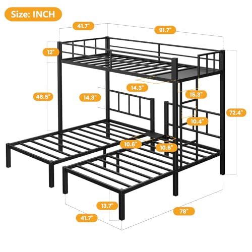 Heavy Duty Triple Bunk Bed Twin over Twin with Guardrails and Ladder, Black Y548246