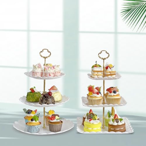 2 Pack 3 Tier Dessert Cupcake Stand, Round & Square Plastic Serving Tray, White X291013