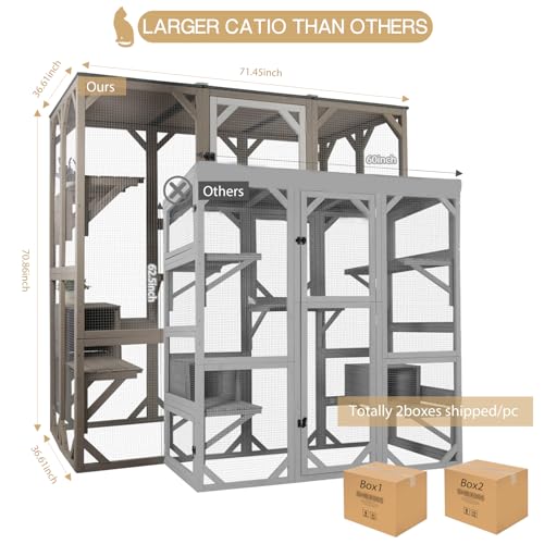71" Catio Outdoor Cat Enclosure, Wooden Weatherproof Cat House with 7 Platforms Z84035