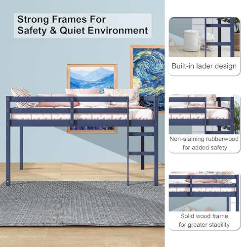 Twin Size Low Loft Bed with Ladder and Safety Guardrail, Solid Wood, White D5235