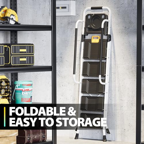KINGRACK 3 Step Folding Ladder, 800lbs Capacity, Non-Skid Wide Pedals, White W71585