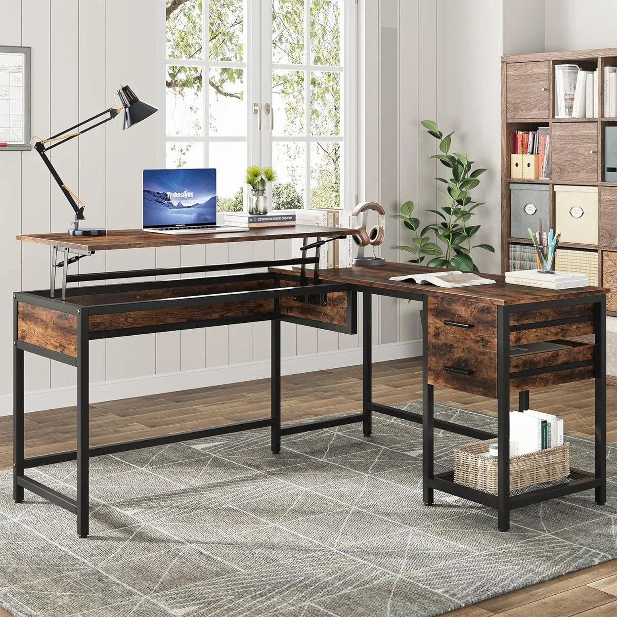 Tribesigns L-Shaped 59" Computer Desk with Drawers and Lift Top L17086