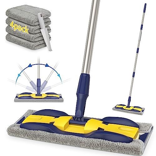 Microfiber Flat Mop Wood Floor Mops for Floor Cleaning - MEXERRIS Hardwood Floor Mop with 4X Mop Pads, Wet Dust Mop with Adjustable Handle Flat Mops for Commercial Home Use Hardwood Laminate Tiles
