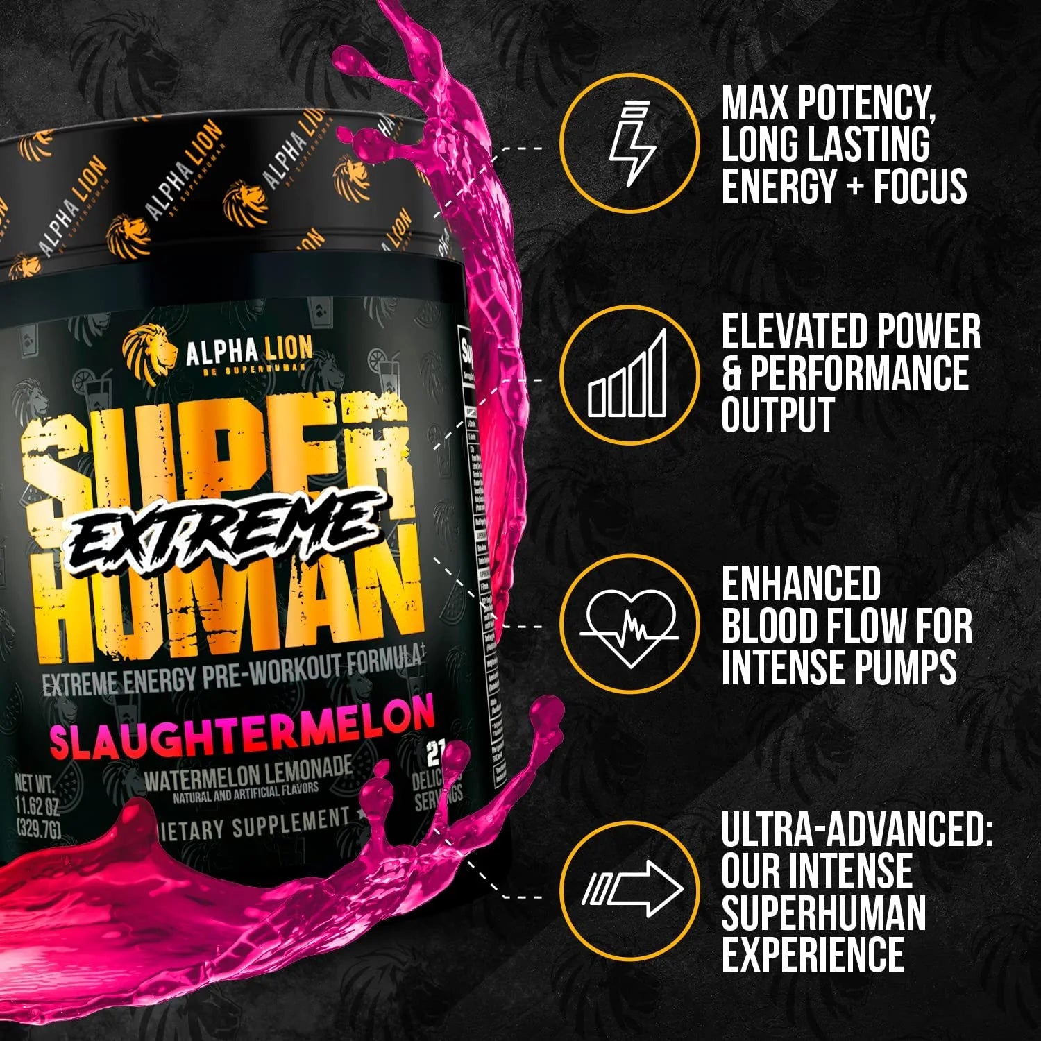 ALPHA LION Superhuman Extreme Pre-Workout, Slaughtermelon, 21 Servings K7100