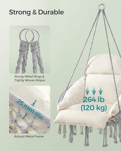 SONGMICS Hanging Chair with Large Thick Cushion, Boho Swing Chair, Cream White C225966