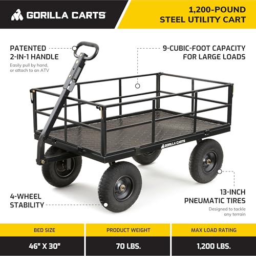 Gorilla Carts Steel Utility Wagon with Removable Side Panels, 1000 lb Capacity, Gray U674568
