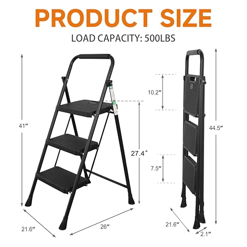 3 Step Ladder, Portable Steel Folding Stool with Anti-Slip Pedal, Black T5115