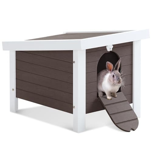 Outdoor Cat House, Weatherproof PS Rabbit Hutch Hideout Bunny Cage, Insulated Small Animal House with Openable Roof, Elevated Feet, for Bunnies, Ducks, Chicken, Guinea Pigs, Brown