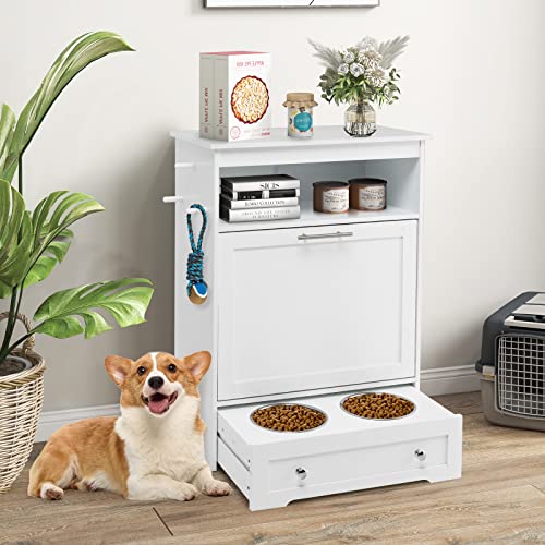 Dog Feeding Station with 2 Raised Bowls and Food Storage, White W326