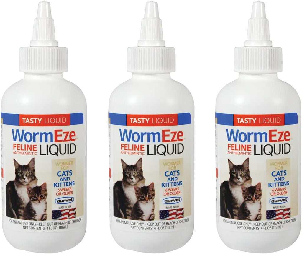 N/1 Cat Dewormer, Durvet Wormeze Feline Liquid Wormer for Cats & Kittens 4oz, Cat Wormer for All Worms, 3 Packs