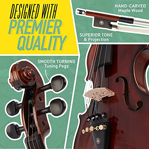 Mendini By Cecilio Violin MV500+92D 4/4 Full Size Black Solid Wood with Case, Tuner, Bow, Rosin N794009