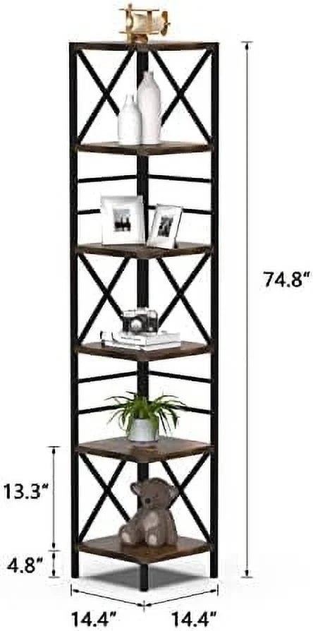 HOOMHIBIU Corner Bookshelf 6-Tier Farmhouse Bookcase, Rustic Brown J349