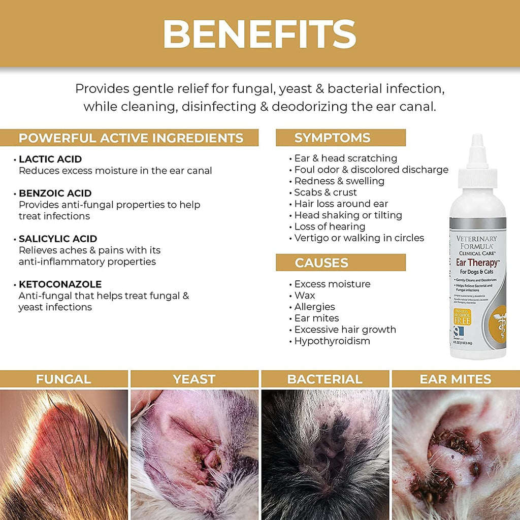 Veterinary Formula Clinical Care Ear Therapy, 4 oz. – Medicated Ear Drops for Dogs and Cats – 3 Pack P9954