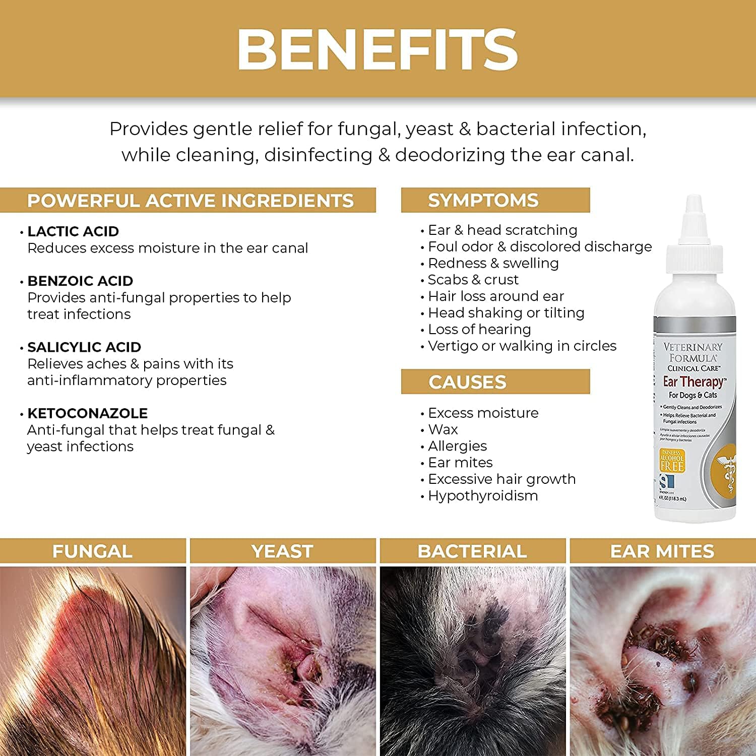 Veterinary Formula Clinical Care Ear Therapy, 4 oz. – Medicated Ear Drops for Dogs and Cats – 3 Pack P9954