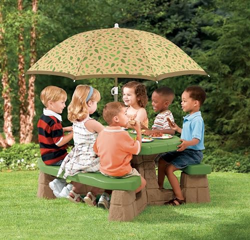 Step2 Naturally Playful Kids Picnic Table with Umbrella, Indoor/Outdoor, Blue & Green A12222