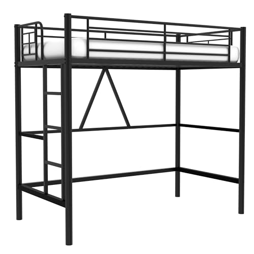 VECELO Loft Bed Twin Size Metal Frame with Ladder and Guardrail, Pink B728246