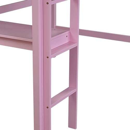 Twin Size Low Loft Bed with Ladder and Safety Guardrail, Solid Wood, White D5235