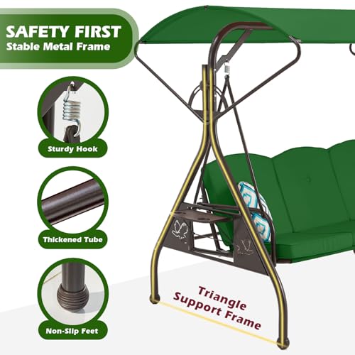 800LBS Patio Swing with Canopy 3 Seat Outdoor Porch Swing with Stand, Cup Holder & Pillow (Green) O887