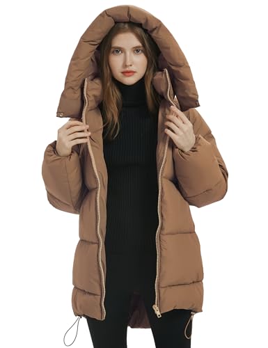 PEHMEA Women Mid-Length Puffer Hooded Jacket Winter Padded Coat V3832